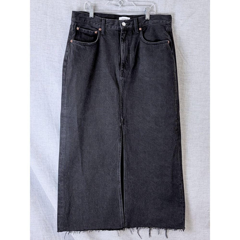 Pistola Alice Washed Black Denim Midi Skirt Raw Hem Back‎ Slit 31 Model Off Duty